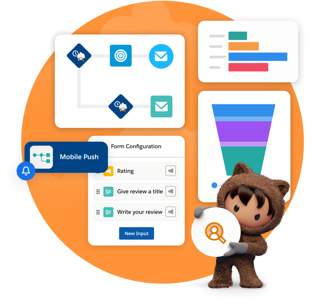 Astro holding a Marketing Cloud icon, standing in front of a Marketing Cloud Engagement Interface 