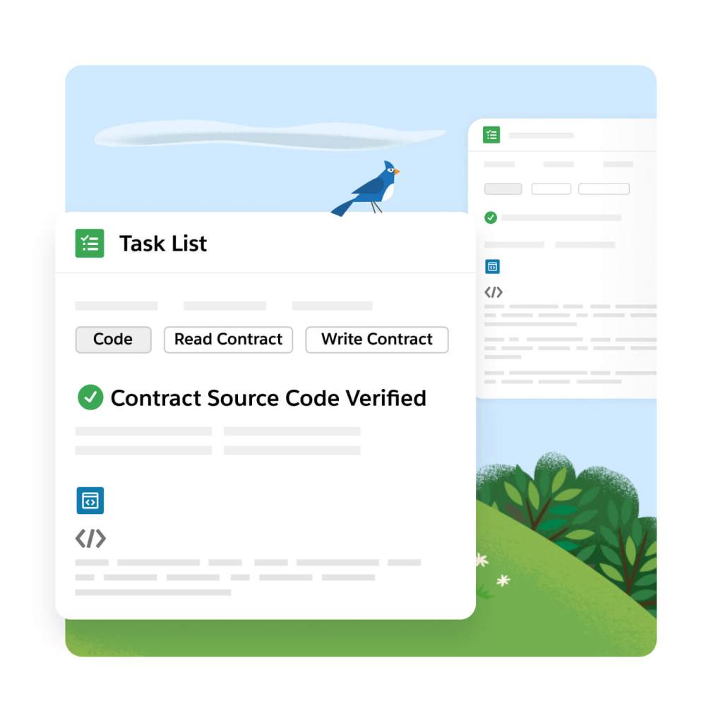 Task list window with Code, Read Contract, and Write Contract tabs. A checkmark is next to a title in the middle of the window reading: Contract Source Code Verified.