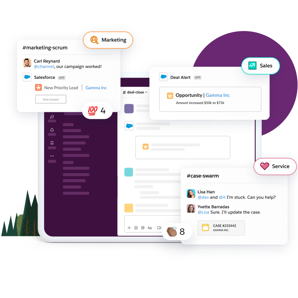 Slack notifications show a deal alert  for sales, a case swarm for service, and a marketing scrum with leads.