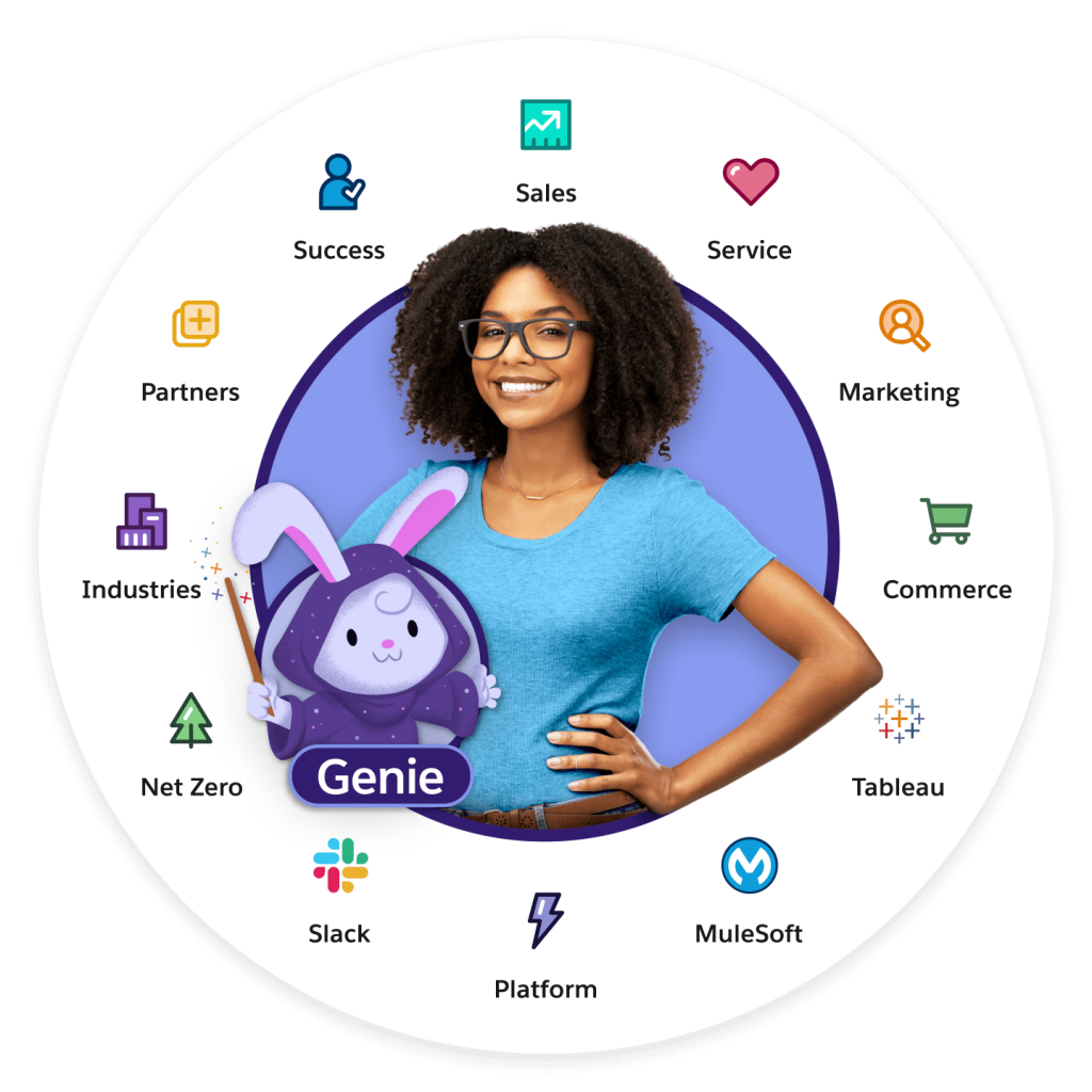 A circle featuring all of the core Customer 360 products surrounding a Salesforce customer.