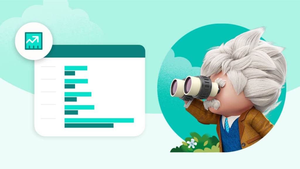 Einstein using binoculars to check revenue growth depicted on a dashboard