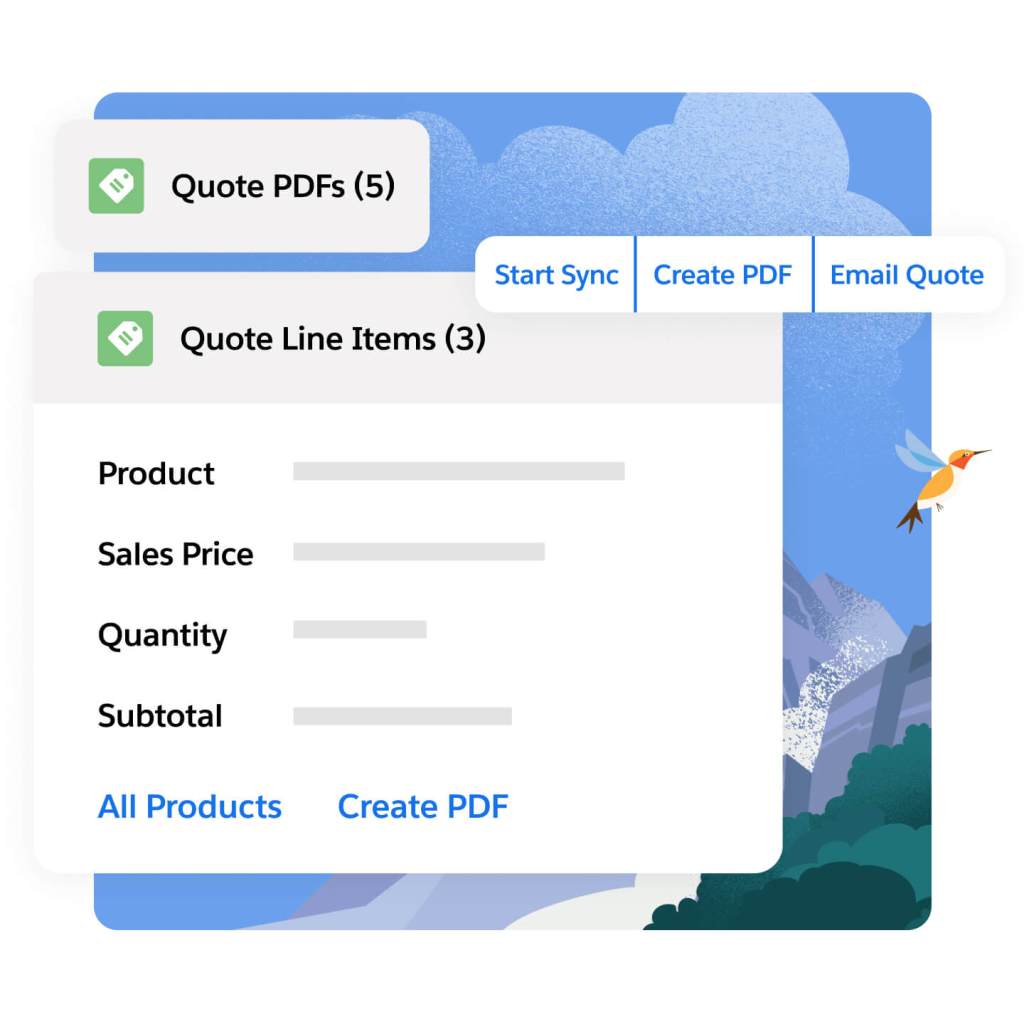 Lines items including product, sales price, quantity, subtotal, and options to view all product or create a pdf.