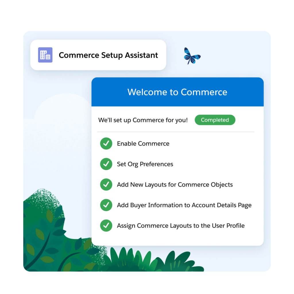 Commerce Setup Assistant tab is open and a Welcome to Commerce window is front and center.