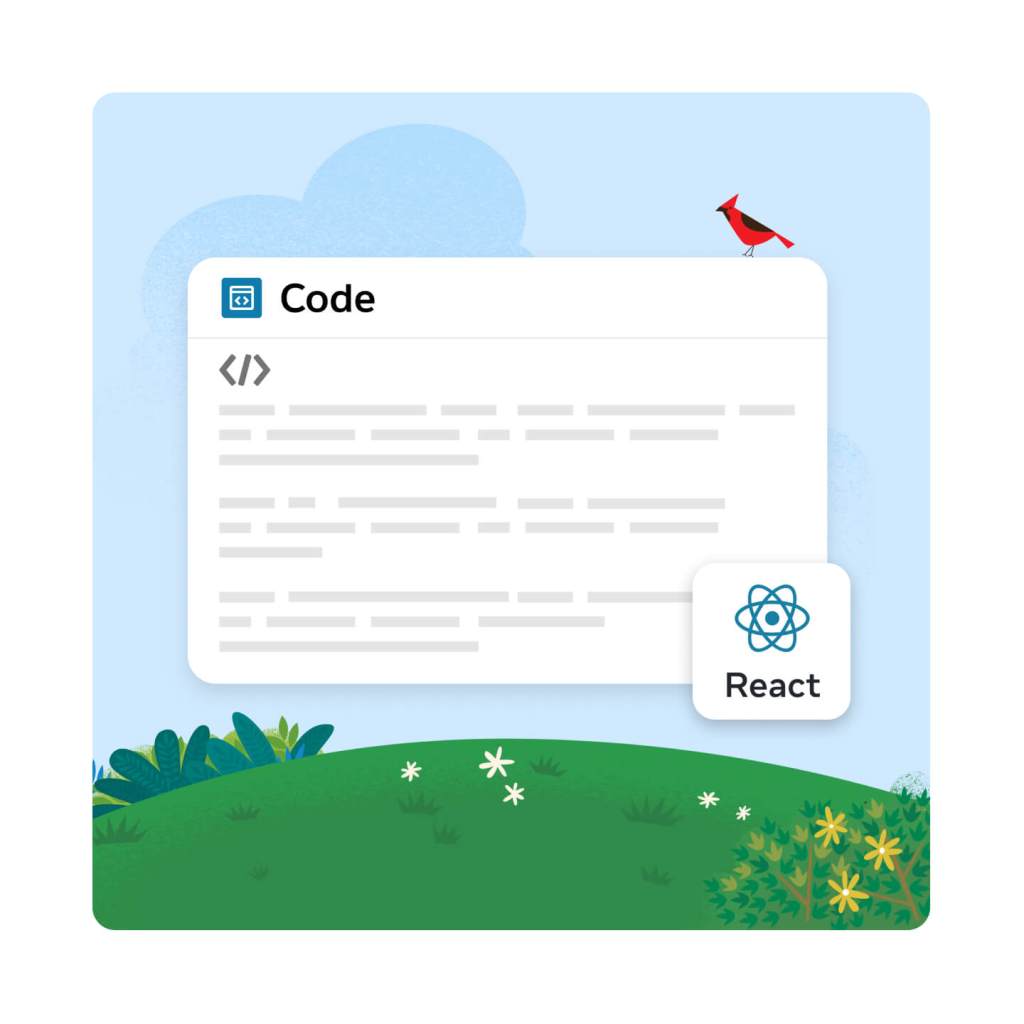 A Code window is front and center with contents greyed out. A React logo is in as smaller white square off to the right side,