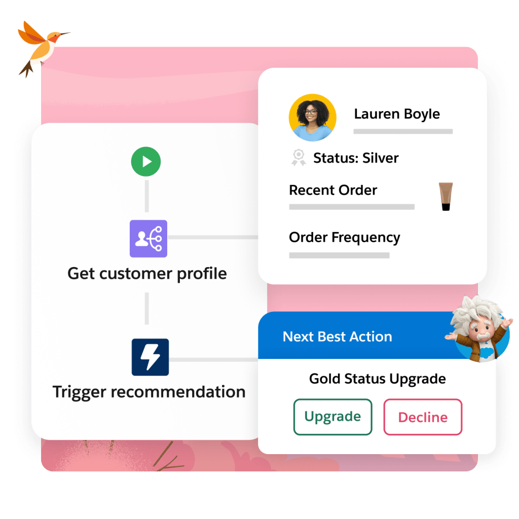 Options to get customer profile and trigger recommendations are shown with a customer profile and next best action.