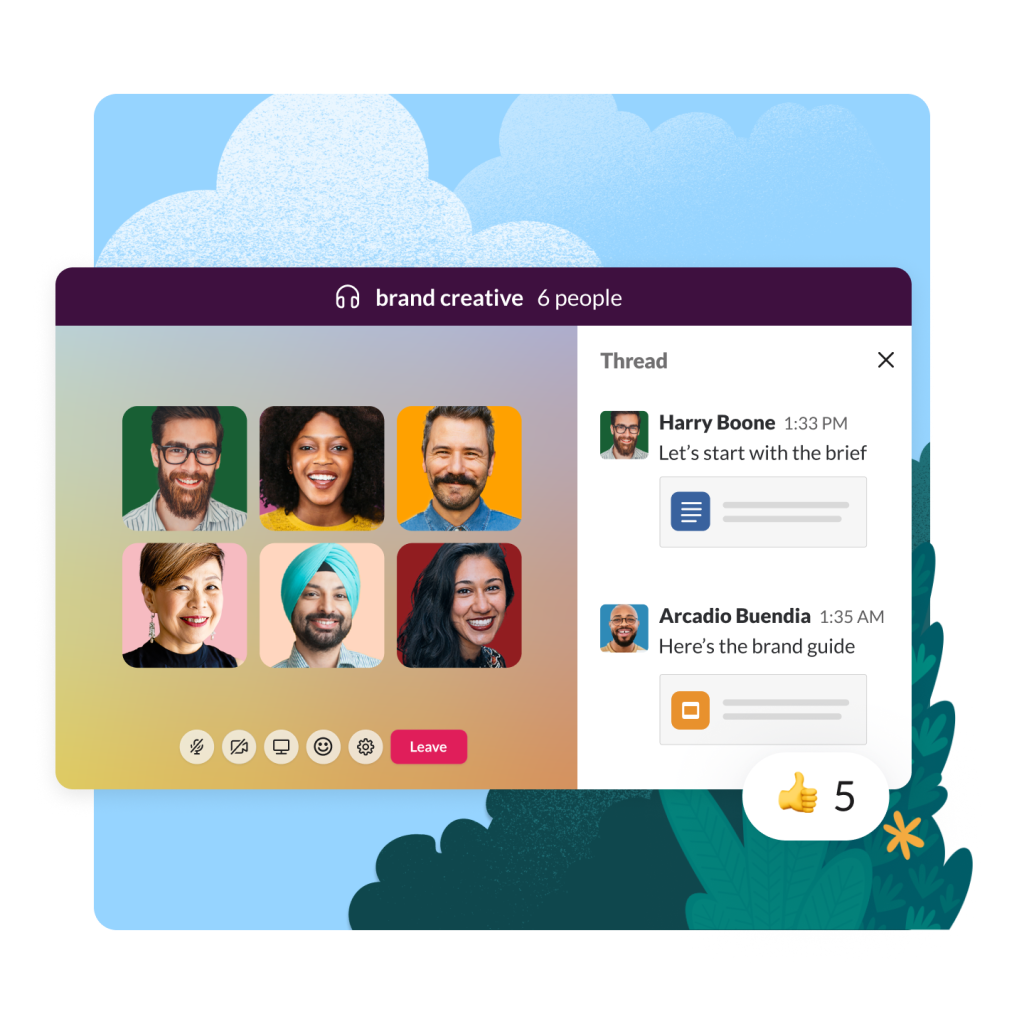 A Slack huddle window with video conferencing and chat features like file sharing and messaging.