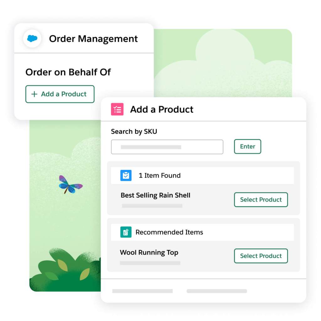 Top left: an Order Management window is open with the title 'Order on Behalf of' and a CTA reading '+ Add a Product.' Bottom right: Add a Product window is open with a 'Search by SKU' search bar. 1 Item Found, and Recommended Items options are below.