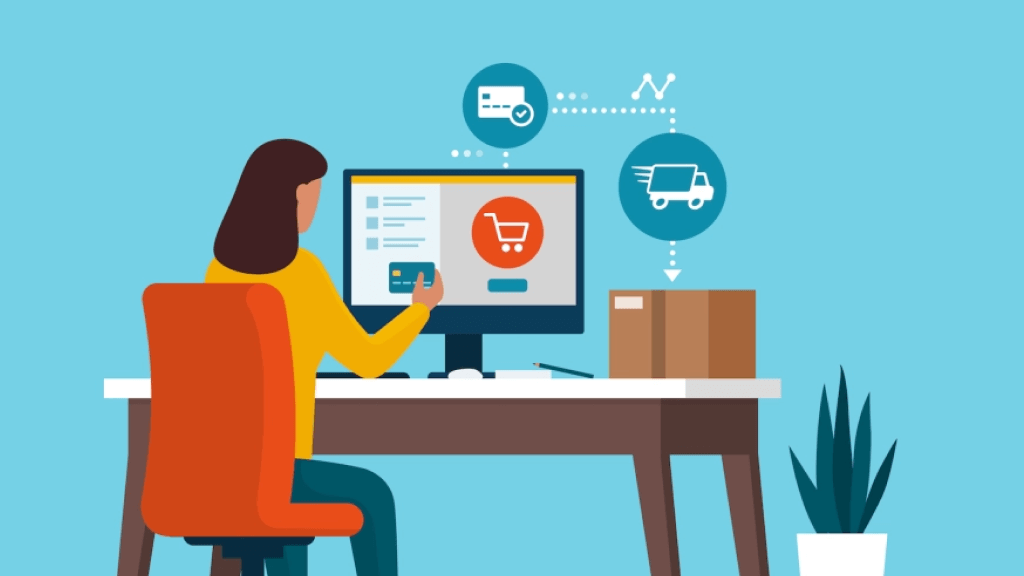 Illustration of woman with desktop in ecommerce byuing