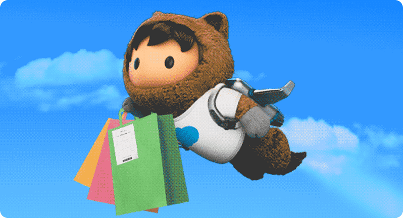 Image depicting shopping bags carried by a Salesforce Mascot