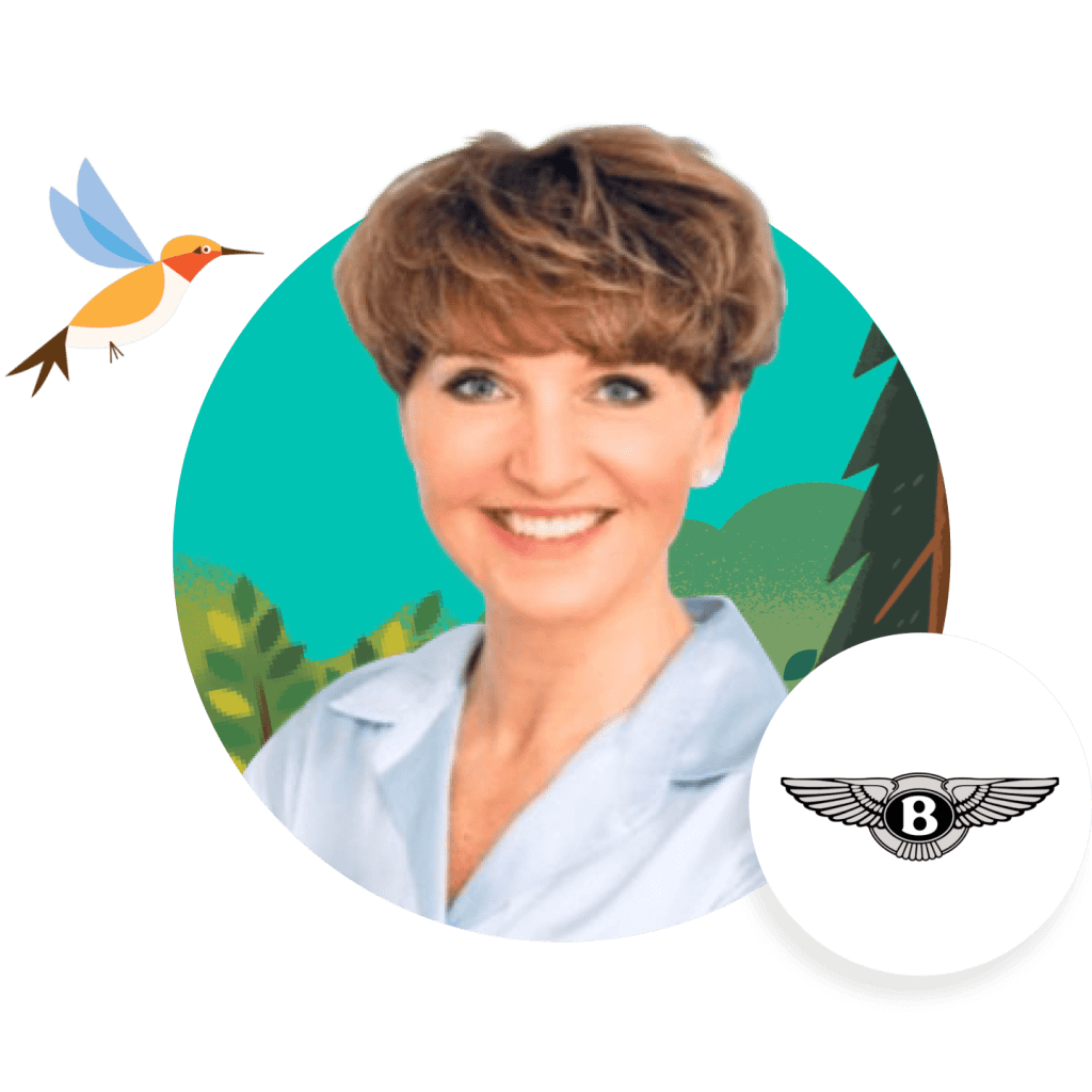 Dr. Astrid Fontaine smiling and bentley logo to the right