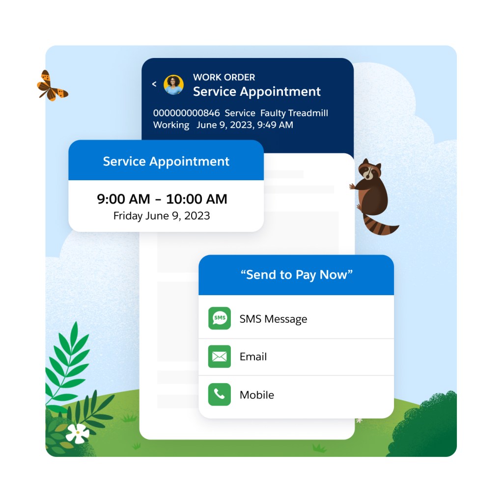 Work order screen on a mobile device. Text reads: Service Appointment, 9:00 AM - 10:00 AM Friday June 9, 2023. Separate window reads: "Send to Pay Now" with SMS, Email, and Mobile options. 
