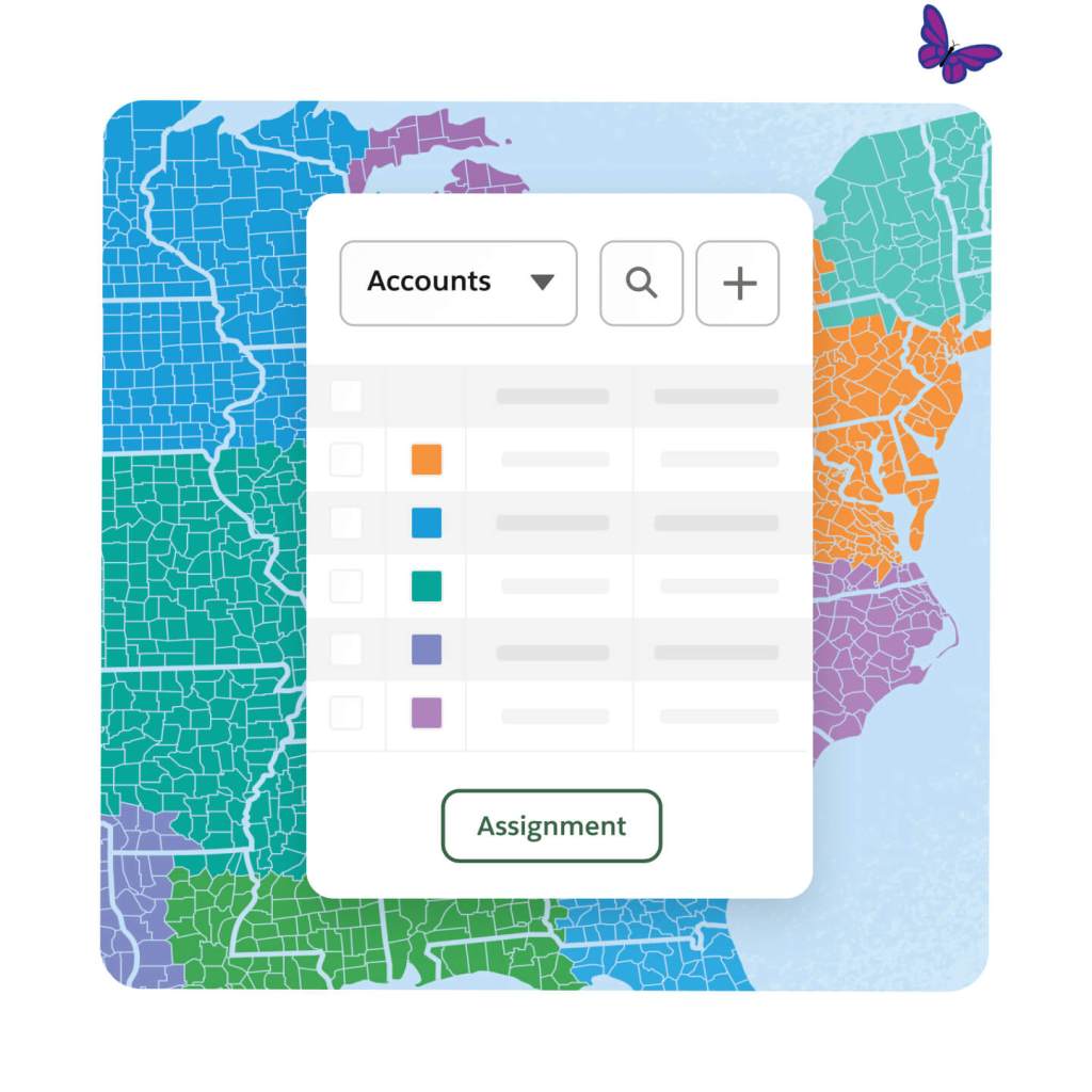 A map shows accounts divided by territories and a window lets you filter the assignments by account. 