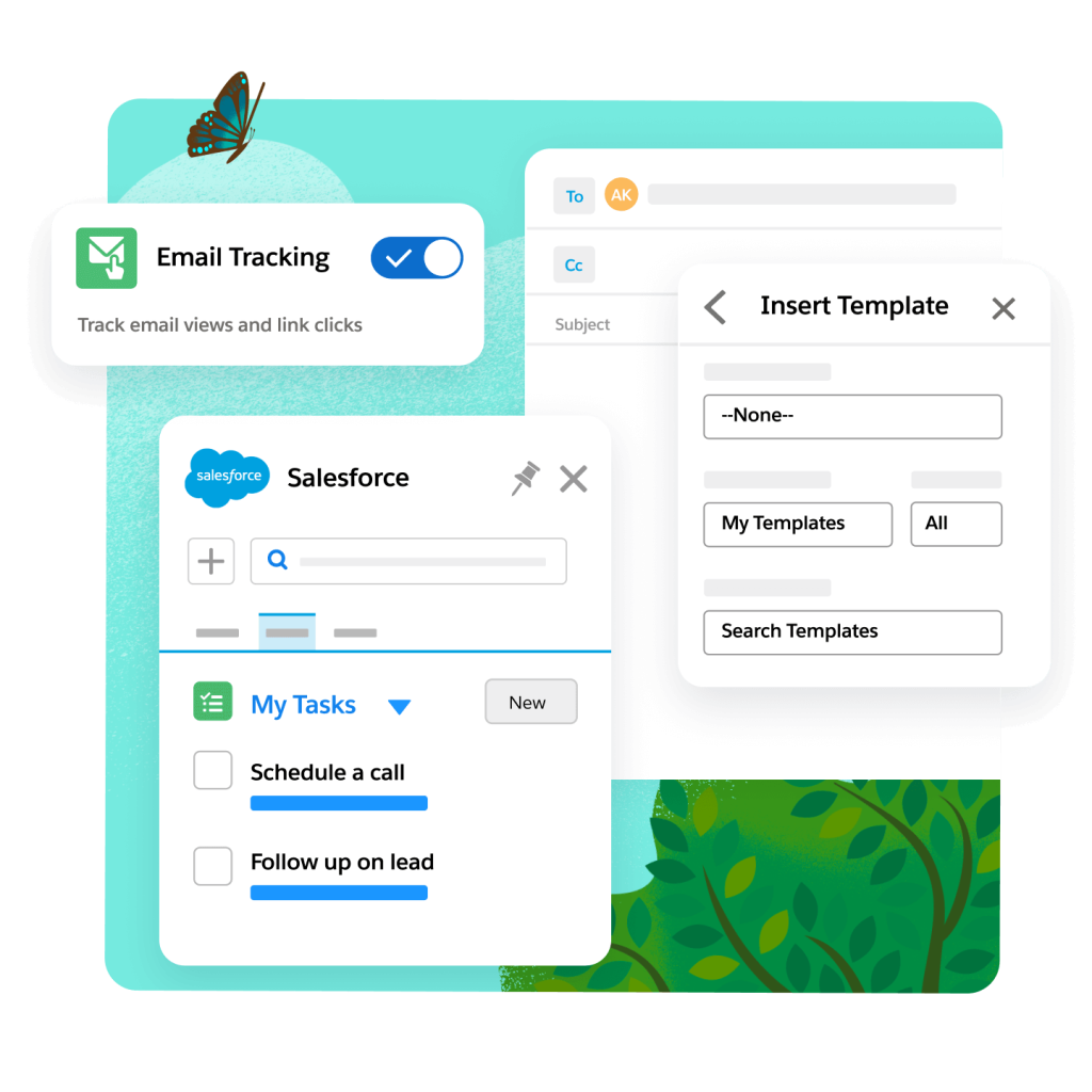 A dashboard displays engaged email tracking, a list of tasks for a specific lead, and a drop-down email template builder.