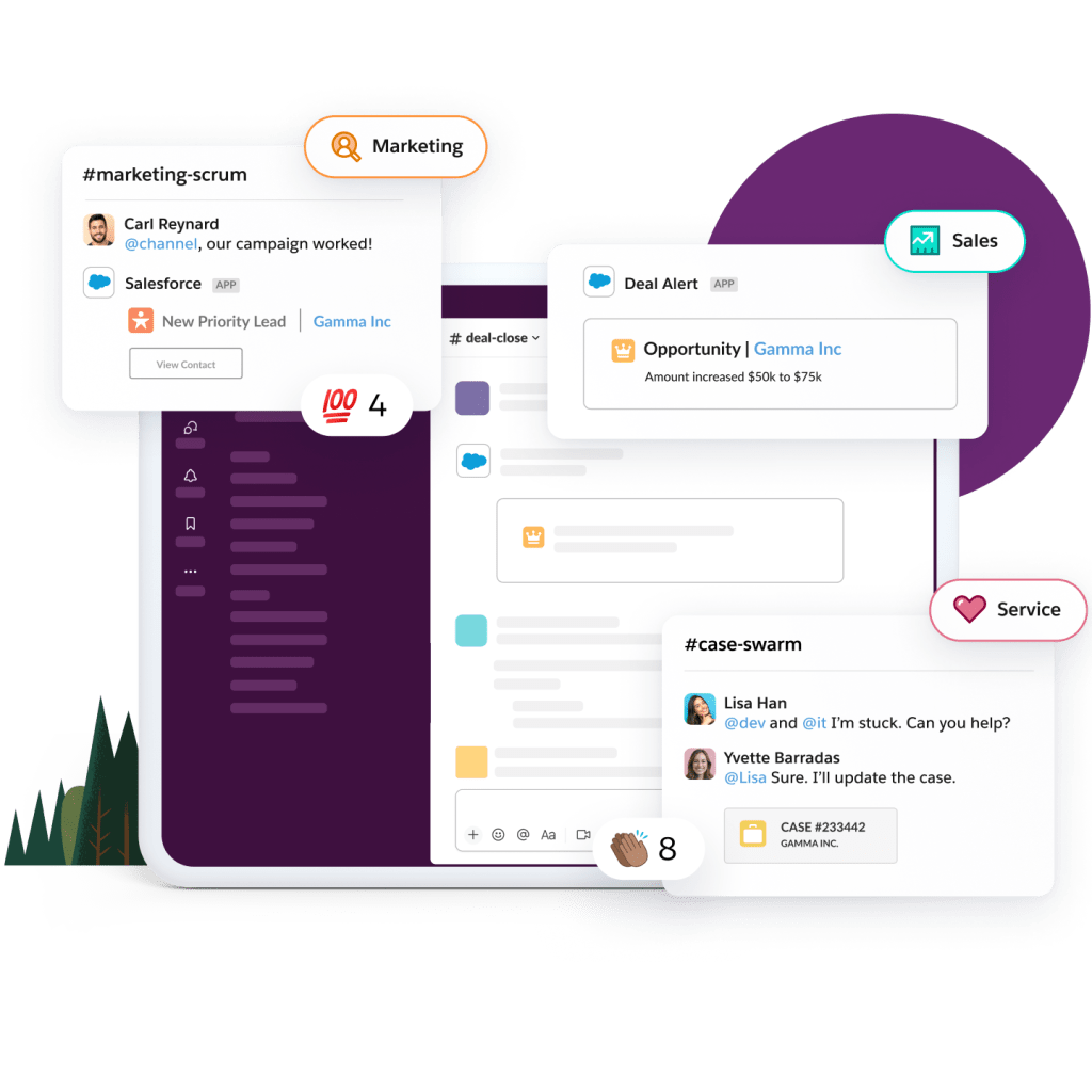 Slack notifications show a deal alert  for sales, a case swarm for service, and a marketing scrum with leads.