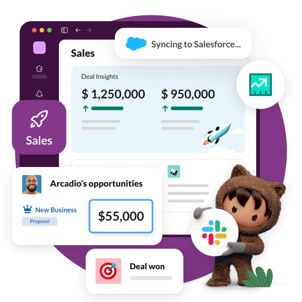 slack sales dashboard showing deals and opportunities and astro holding slack logo