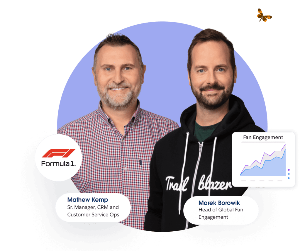 Salesforce Data Cloud customers from Formula 1: Matthew Kemp (Sr. Manager of CRM and Customer Service Ops); Marek Borowik (head of global fan engagement) with a chart graphic
