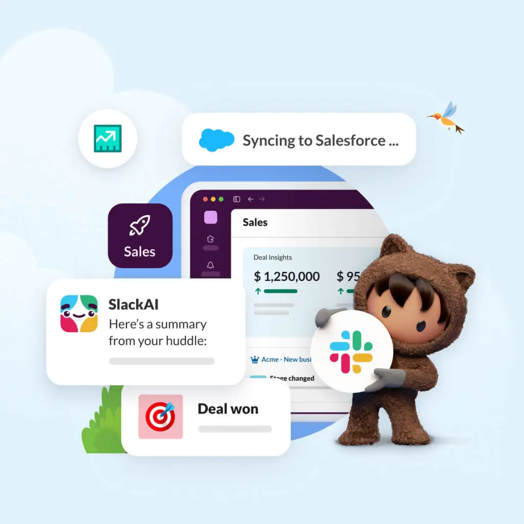 Sell faster by bringing your people, processes and Sales Cloud data together in Slack. Keep teams focused on selling and speed up wins with real-time deal alerts, automated workflows, and easy CRM updates from anywhere, on any device.