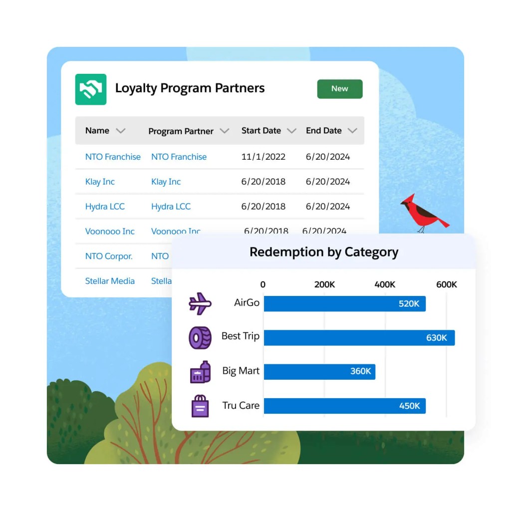Two overlapping dashboards for "loyalty program partners" and "redemption by category."