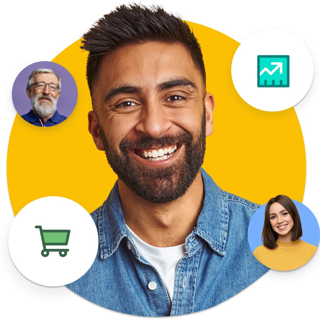 Customer surrounded by Sales Cloud and Commerce Cloud icons