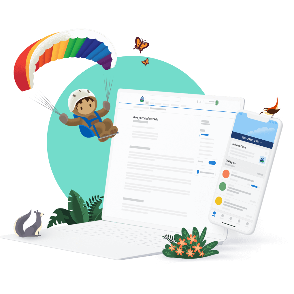Salesforce character Astro hovering over Trailhead content on desktop and mobile phone devices