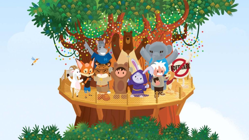 Salesforce mascots perched on a treehouse deck.