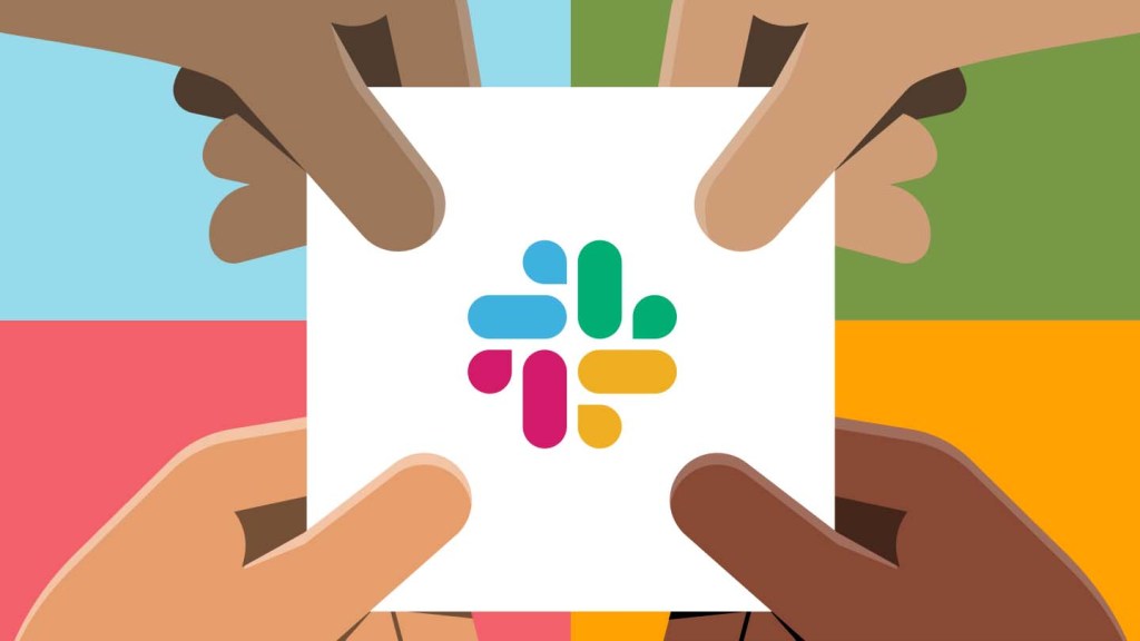 The Slack logo with its signature blue, green, pink, and yellow colors sits in the center with a bee buzzing around it. 