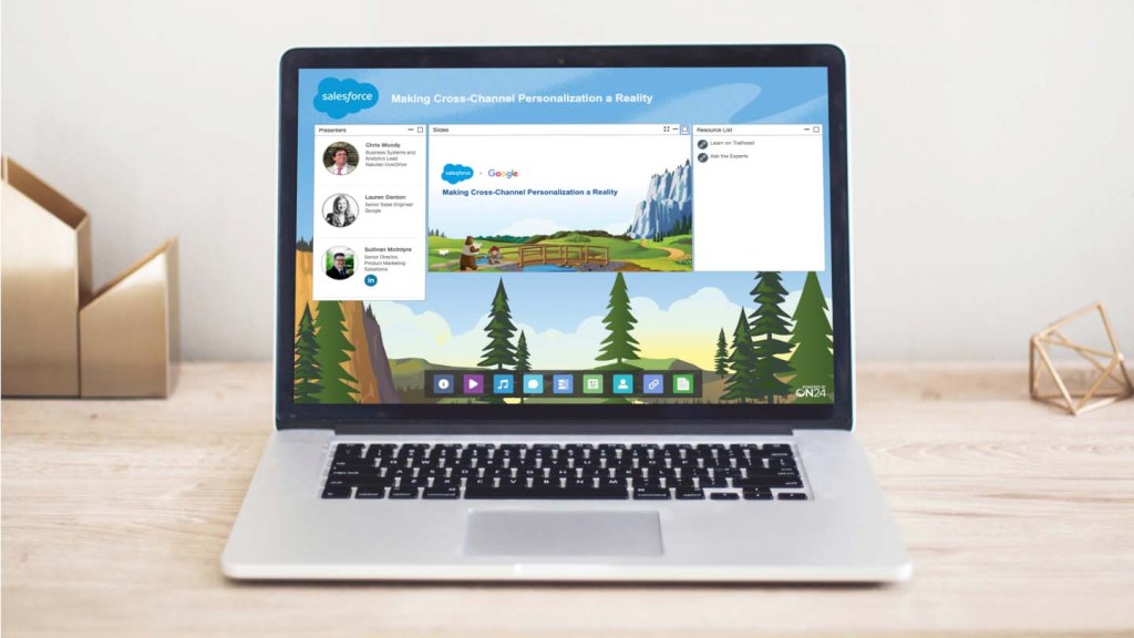 A computer displays a Salesforce and Google webinar on how to make cross-channel personalization a reality.