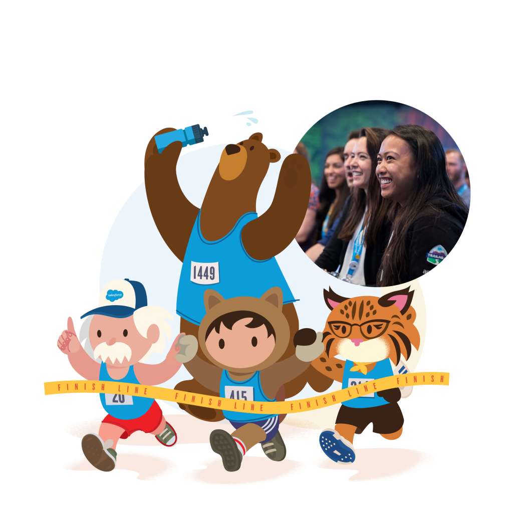 Salesforce mascots Codey, Einstein, Astro, and Appey run through a finish line tape together.