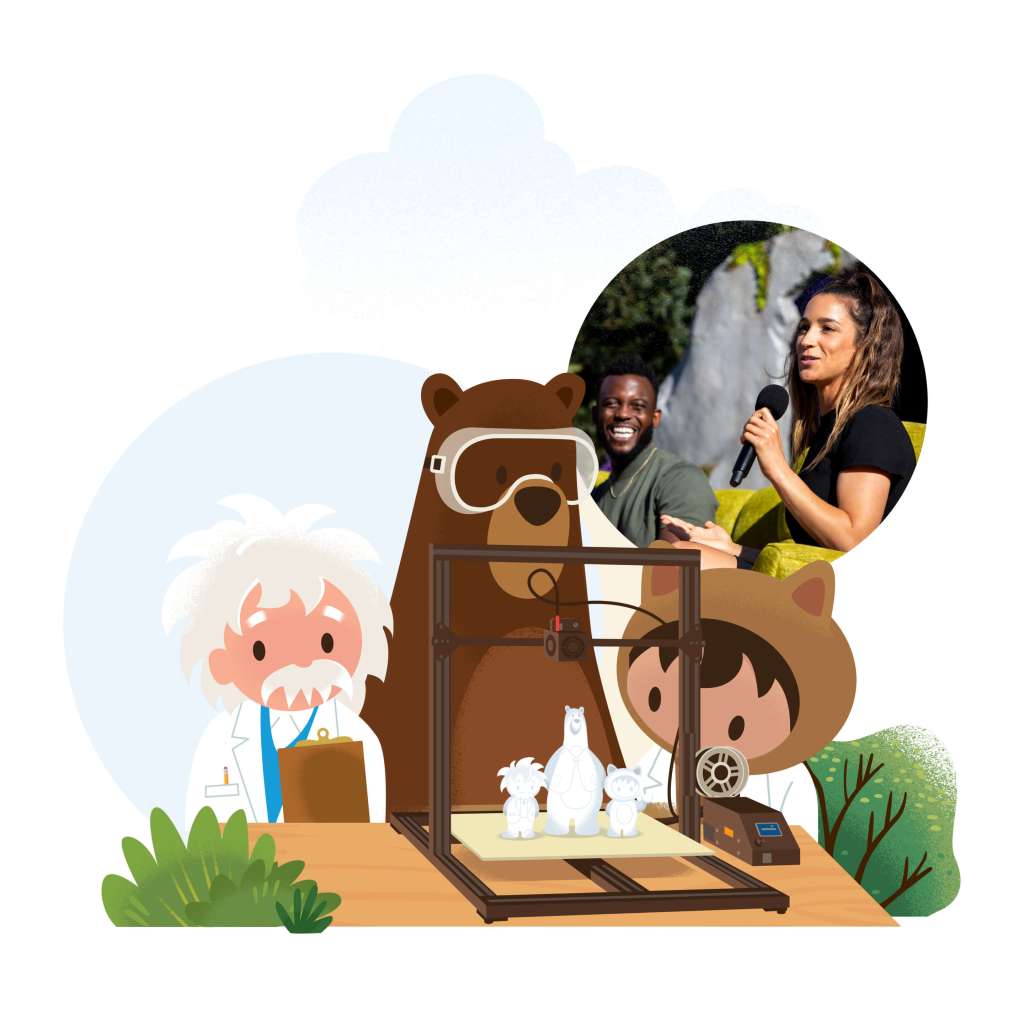 Salesforce mascots Codey, Einstein, and Astrolook stand over a 3d printing of themselves.