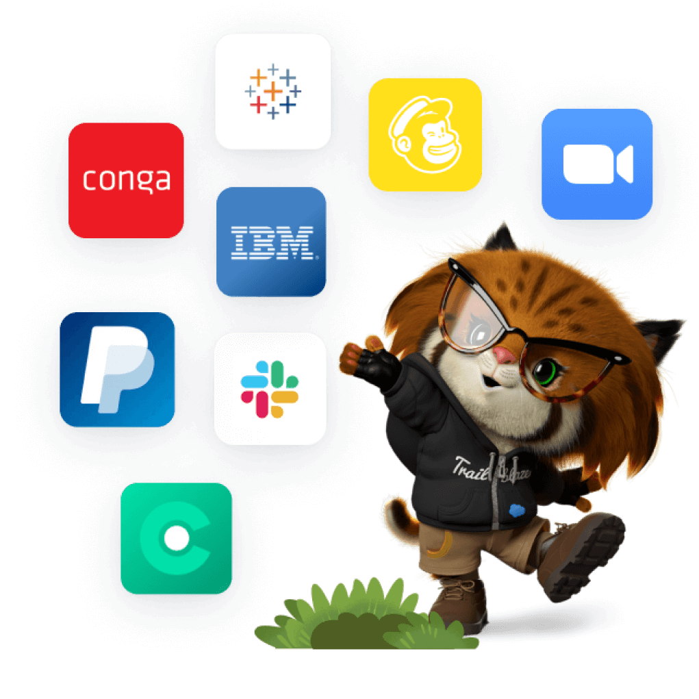 Salesforce character Appy the Bobcat gesturing toward eight AppExchange app icons, including Slack and IBM.