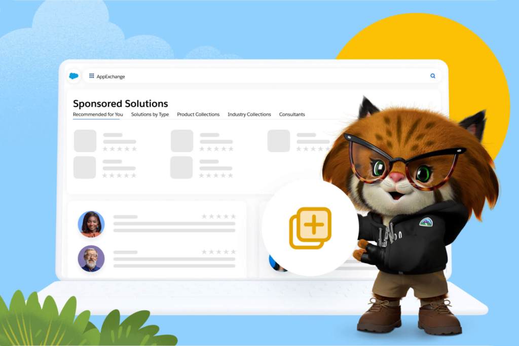 The Salesforce character Apply the Bobcate standing before an AppExchange interface.