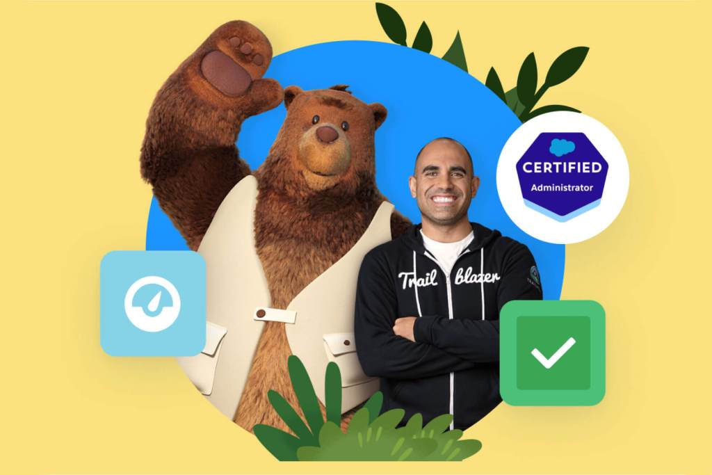 The Salesforce character Cody standing with a smiling Trailblazer.