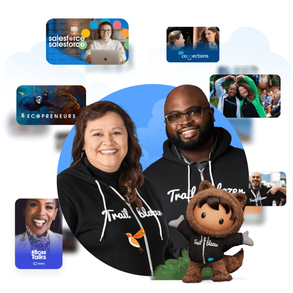 Two smiling Salesforce Trailblazers surrounded by Salesforce resources, like Salesforce+.	