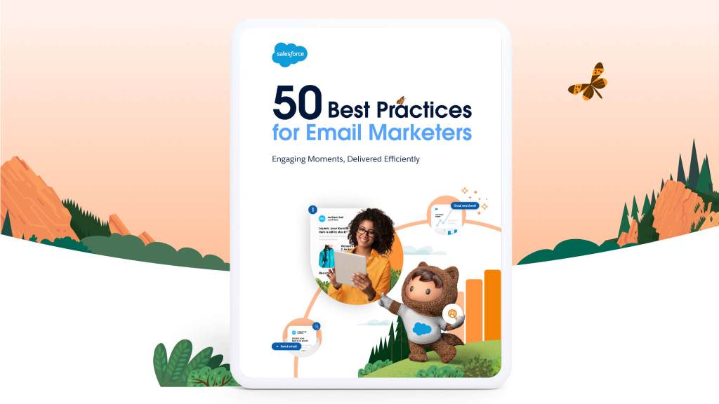 Astro holding a Marketing GPT logo while cycling through a wheel of marketing moments on the cover of the ebook, 50 Best Practices for Email Marketers.
