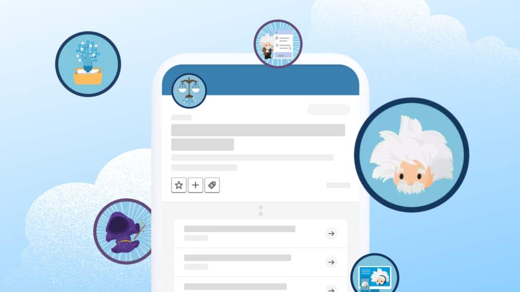 Graphical circles featuring the Salesforce character Einstein surrounding a smartphone displaying an AI Trailhead module.