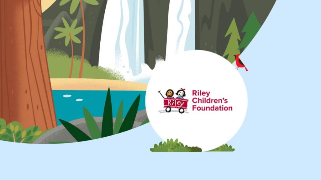 The Riley Children’s Foundation logo inside a graphical circle alongside a nature setting with a waterfall. 