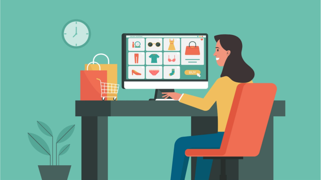 Illustration of woman sitting at a desk browsing clothing items on a desktop screen.