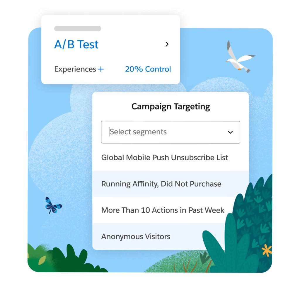 A/B testing interface for campaign targeting. 
