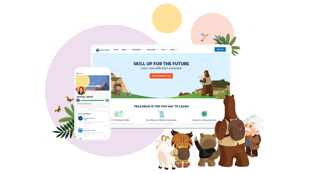 Salesforce mascots Astro, Codey, Einstein, and friends preview Trailhead welcome dashboards on desktop and mobile.
