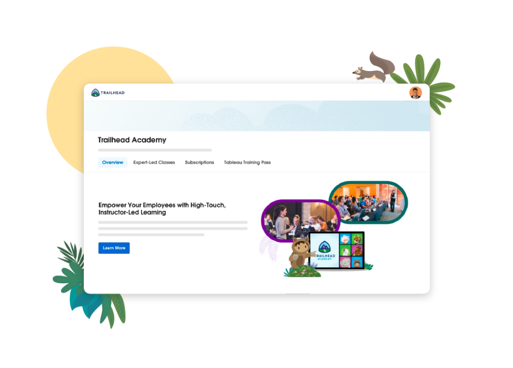 Salesforce mascot Astro with images of Trailhead instructors in classroom settings.