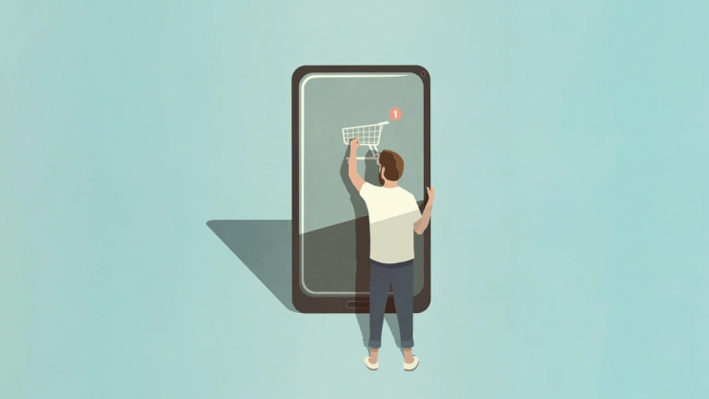 Illustration of a man looking at a life-size mobile device, tapping on a shopping cart icon.