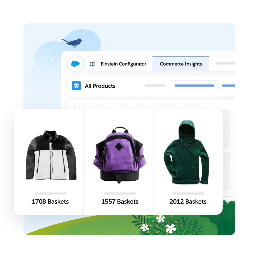 Salesforce Dashboard focusing on the Commerce Insights tab. Three tiles are popping out: a black and white jacket, a purple backpack, and a green hoodie.