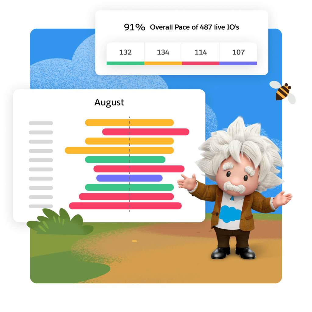 Einstein standing with outstretched arms in front of a monthly planning interface. 