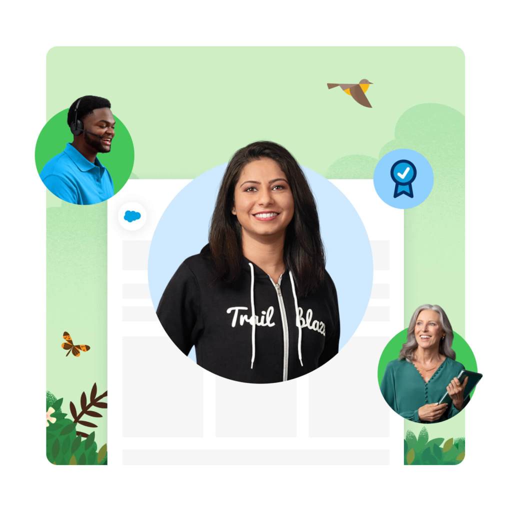 Person smiling in a circle cutout front and center, wearing a Salesforce Trailblazer hoodie. Two more people smiling in circle cutouts are on either side, looking towards center. One of them is holding a clipboard.