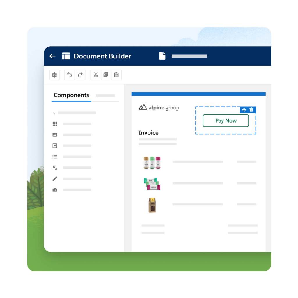 Document Builder screen with a Pay Now button being drag-and-dropped. A side panel titled 'Components' is open.
