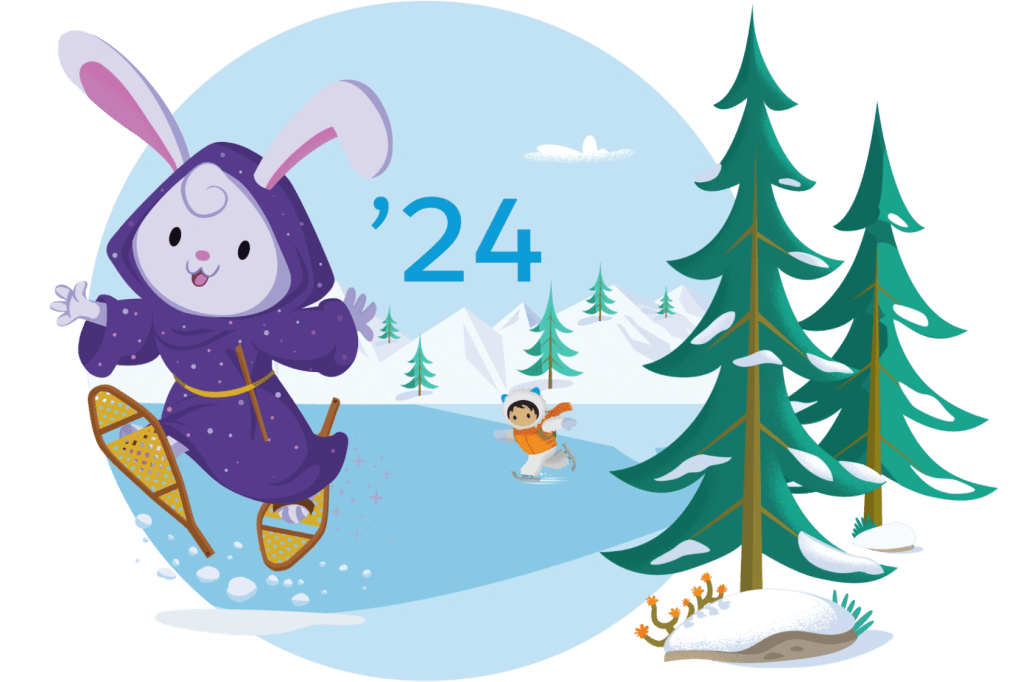 Salesforce characters Genie and Astro playing in a winter alpine landscape. 