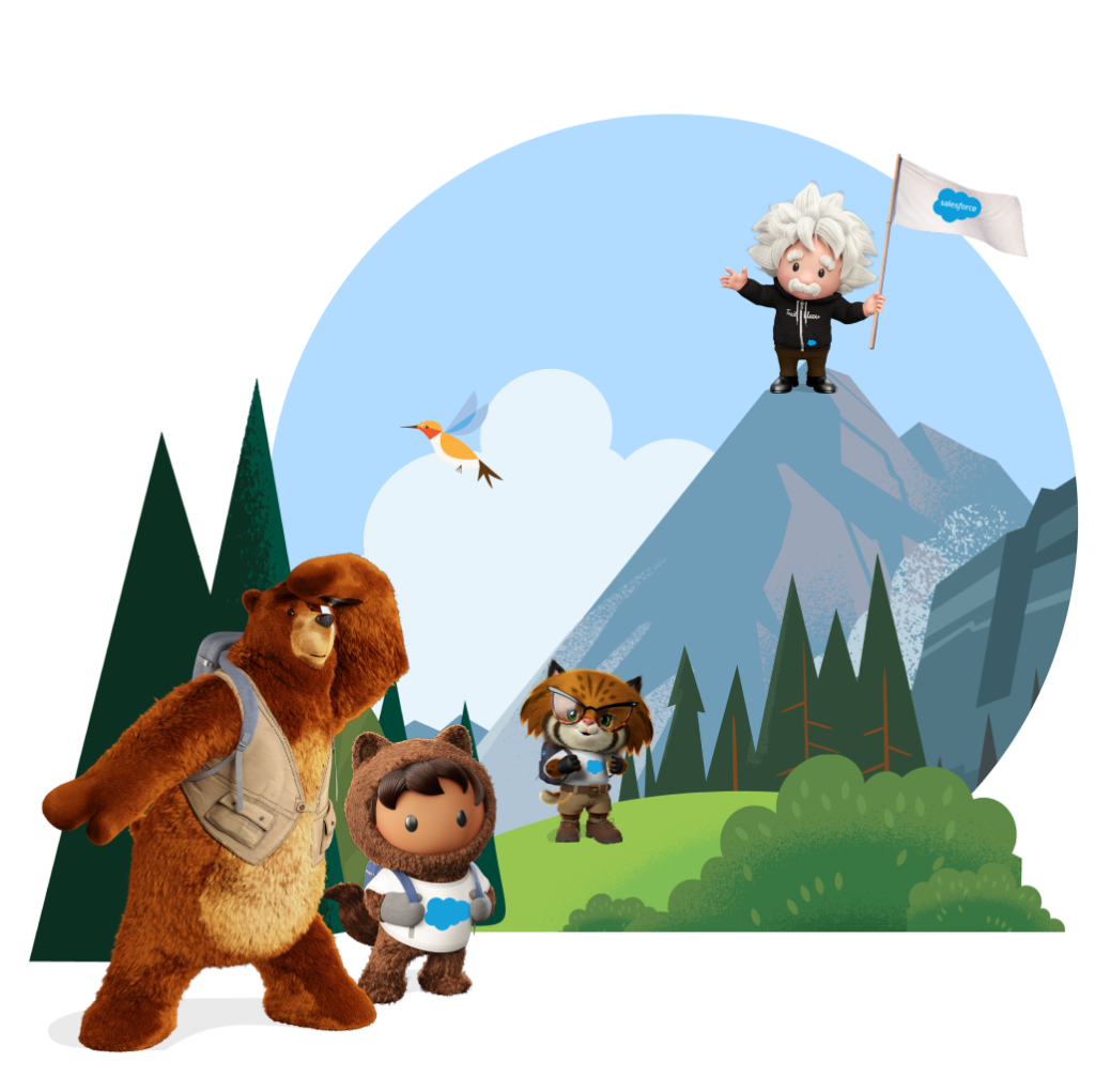 Einstein waves a Salesforce flag on top of a mountain with Codey, Astro, and Appy on the trail.