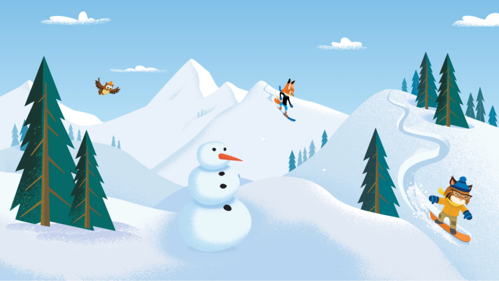 Salesforce characters Appy the Bobcat, Brandy the Fox, and Hootie playing in a winter alpine setting. 