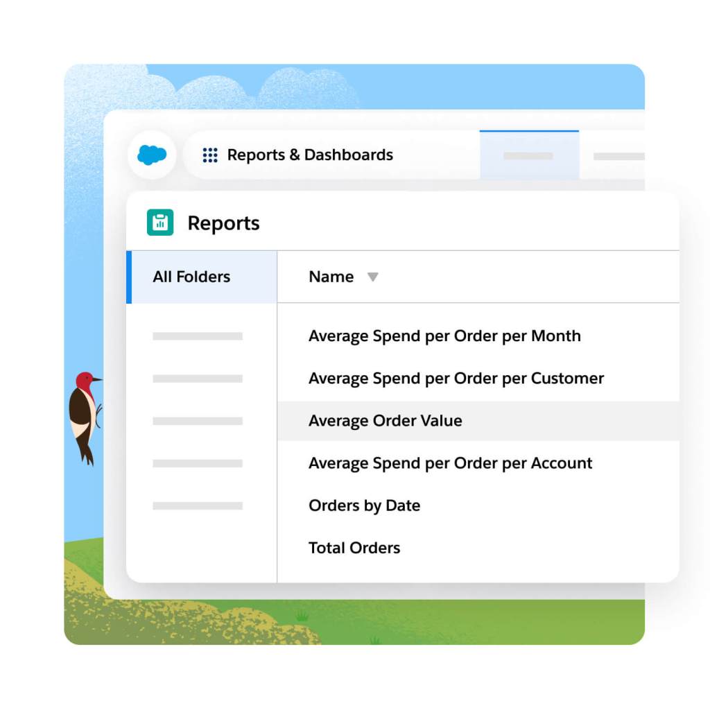 Reporting and Insights dashboard that displays different types of pre-built report, including; Average Spend per Order per Month, Average Spend per Order per Customer, Average Order Value, Average Spend Order per Account, Orders by Date, Total Orders.