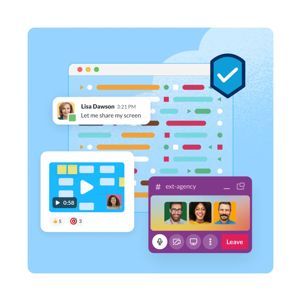 three slack interface screens with a blue checkmark for security